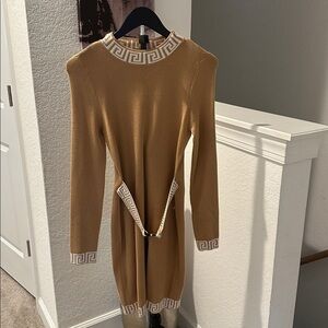 Chic Tan Long Sleeve Dress with Greek Key Design BNWOT